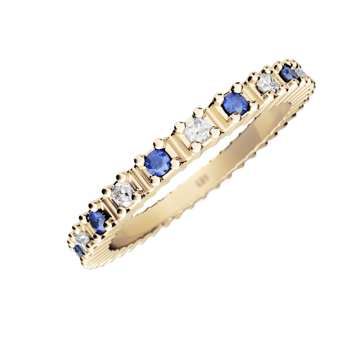 BELLER Modernism N°13 ring in yellow gold with princess-cut diamonds and blue sapphires, close-up
