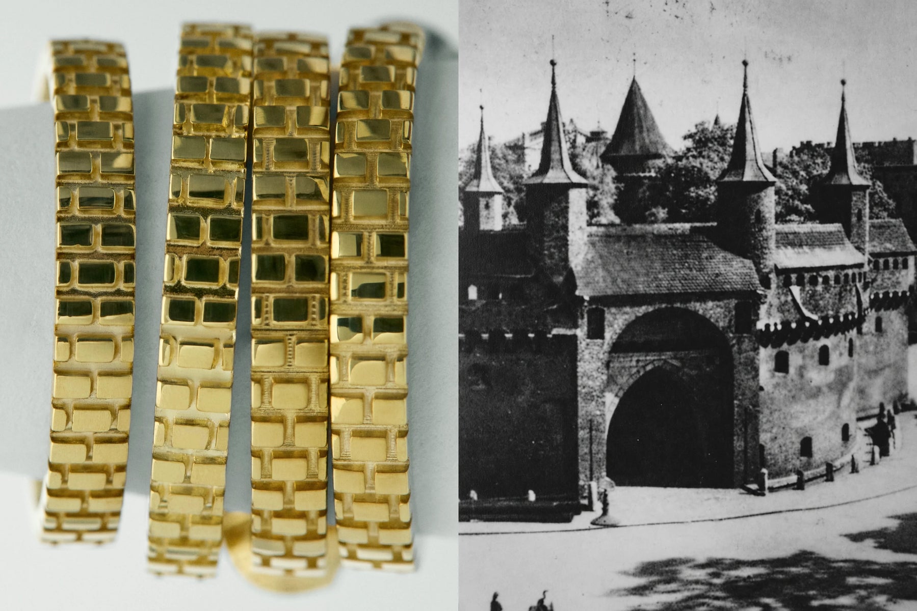 Złote bransoletki Kolekcji Krakowskiej BELLER obok archiwalnego zdjęcia Barbakanu